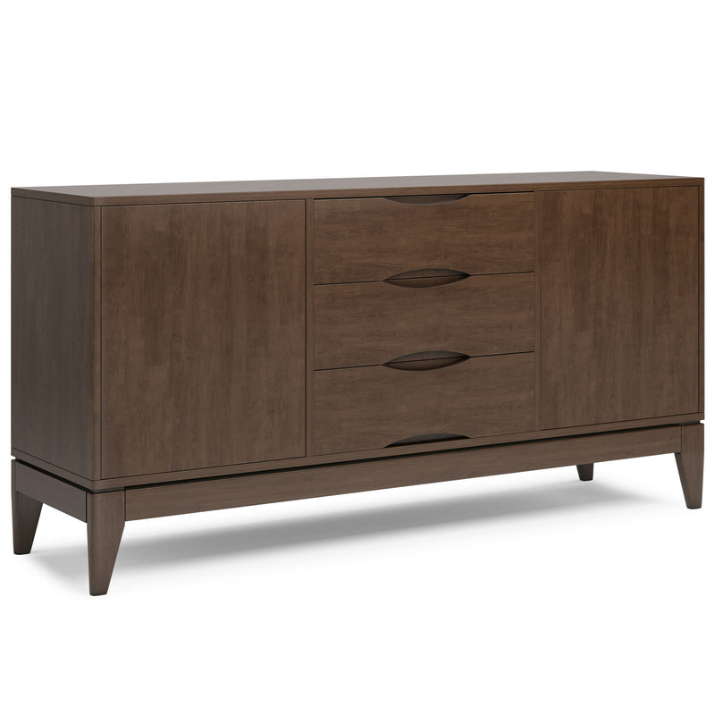 Simpli-Home Harper sideboard buffet with wooden finish, featuring multiple drawers and cabinet doors for storage.