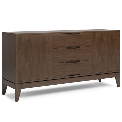 Simpli-Home Harper sideboard buffet with wooden finish, featuring multiple drawers and cabinet doors for storage.