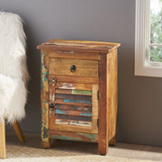 Recycled wood Noble House side table with drawer and door in natural finish, showcasing a rustic, eco-friendly design.
