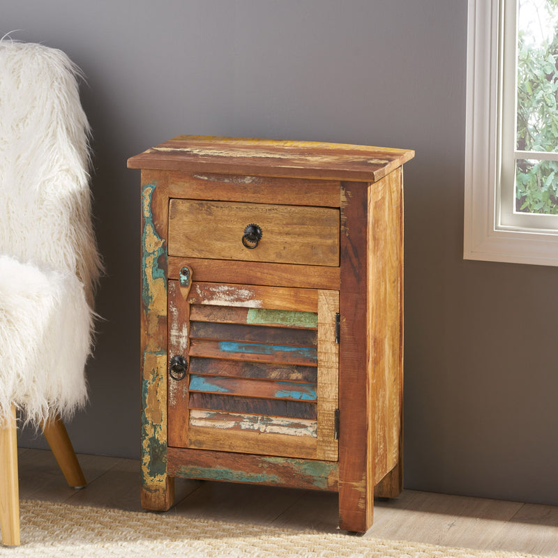 Recycled wood Noble House side table with drawer and door in natural finish, showcasing a rustic, eco-friendly design.