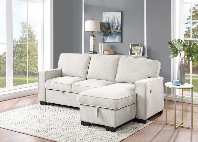 Estelle - Fabric Reversible Sleeper Sectional With Storage Chaise Drop-Down Table 2 Cup Holders And 2 USB Ports - R&R Furniture Gallery (Fountain Valley, CA)