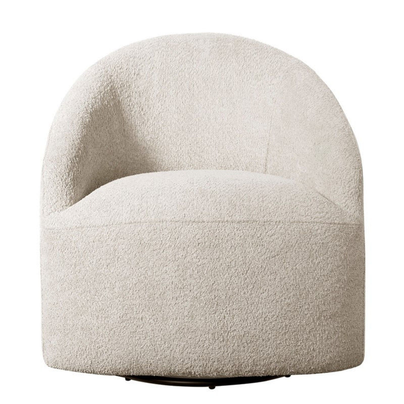 Cream upholstered JLA swivel chair with a 360-degree rotating seat and modern design, shown from a side angle.