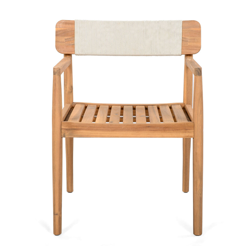 Creative Braided Acacia Wood Outdoor Dining Table And Chairs With Armrests (Set of 2) - Teak / White - R&R Furniture Gallery (Fountain Valley, CA)