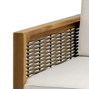Outdoor 4 seater acacia wood chat set with wicker accents and beige cushions, ideal for garden or patio seating.