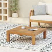 Square outdoor coffee table by Noble House with teak frame and slat top, ideal for patio or garden seating areas.
