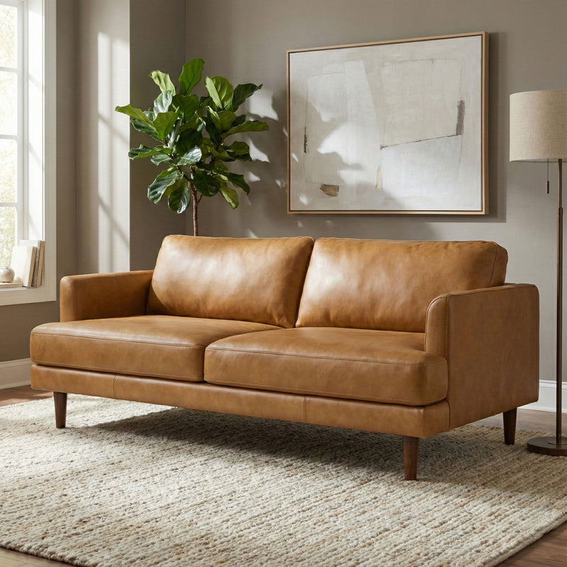 Livingston upholstered stationary sofa by Simpli-Home, featuring plush fabric, cushioned armrests, and a modern design in a cozy living room.