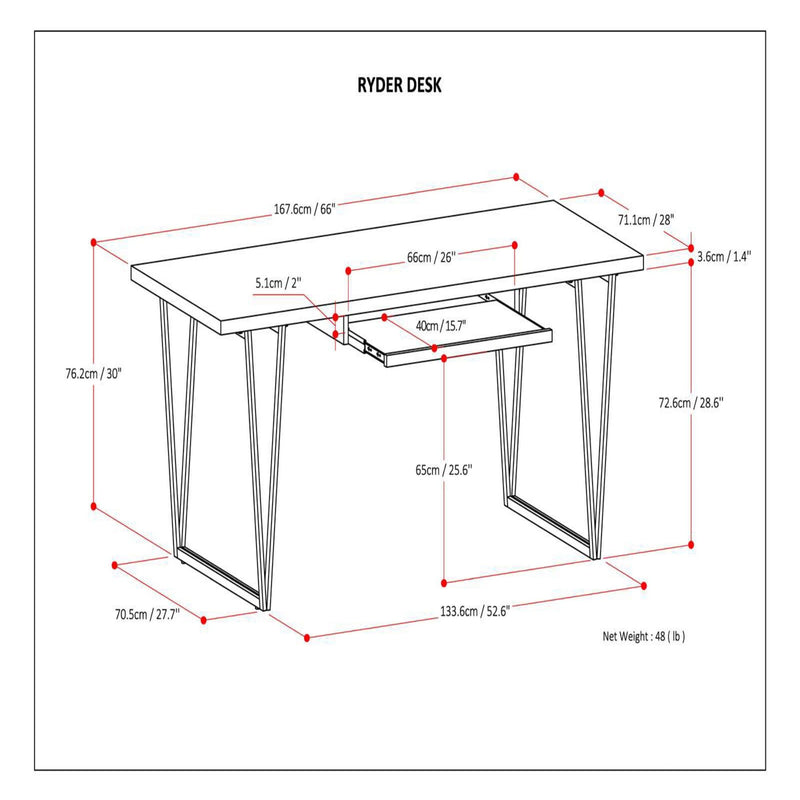 Simpli-Home Ryder natural aged brown wood writing desk with clean lines and sturdy construction, ideal for home office or workspace.
