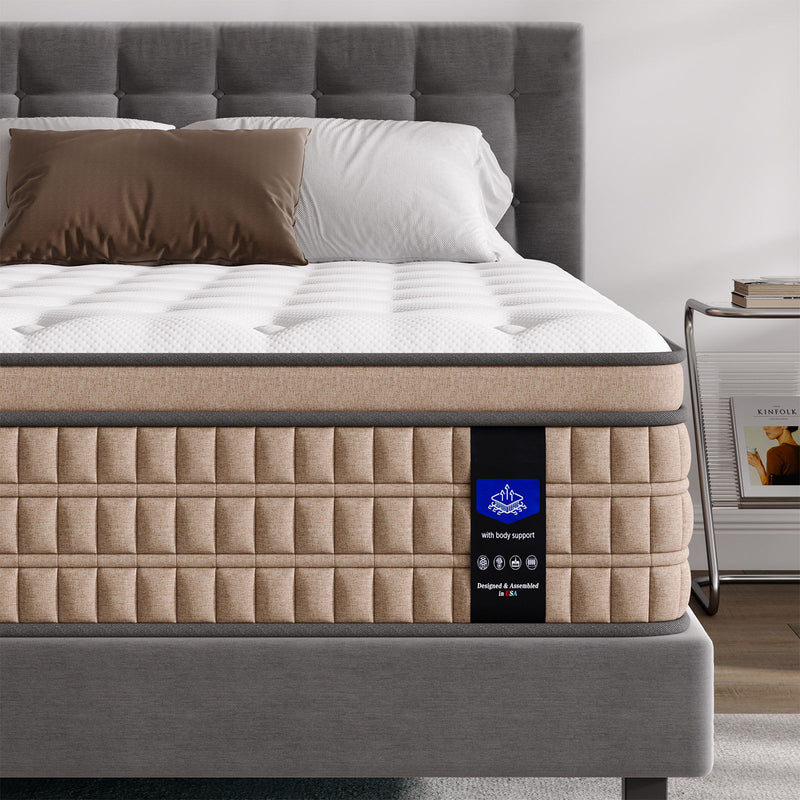 14" King Mattress Hotel Collection Hybrid Mattress With Gel Memory Foam & Pocket Springs - Brown / White - R&R Furniture Gallery (Fountain Valley, CA)