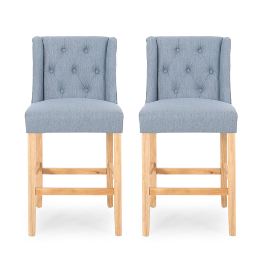 Set of two Noble House Vienna contemporary fabric tufted wingback counter stools with cushioned seats and stylish design.