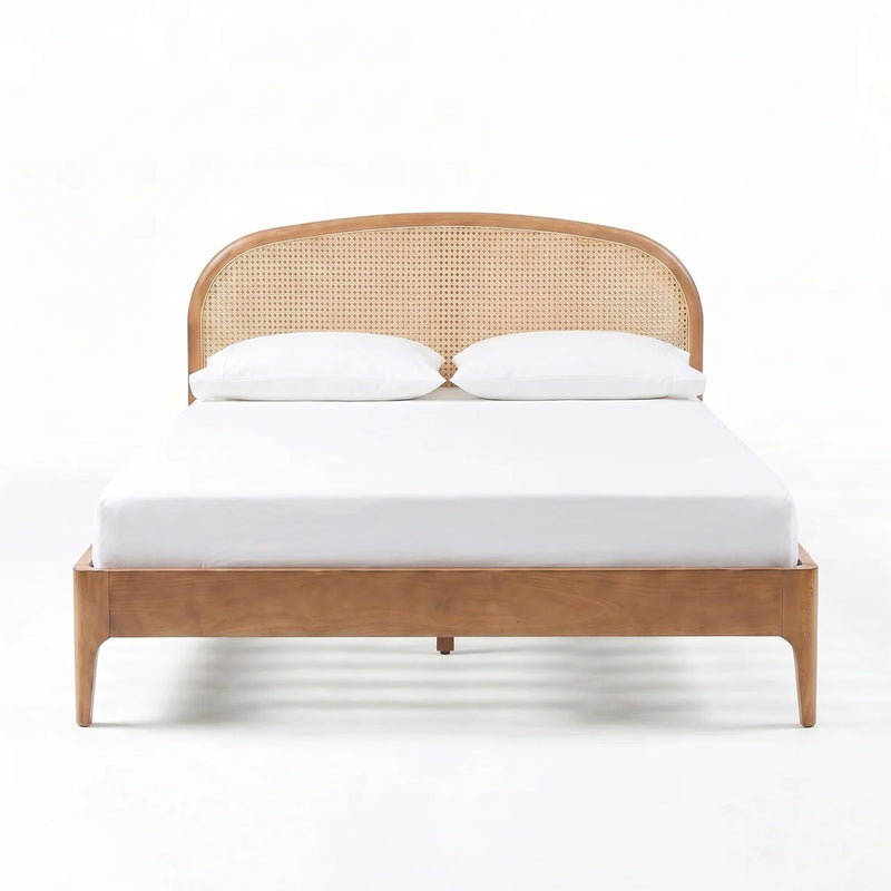 TOV Furniture Mico Rattan Panel Bed with natural wood finish and woven rattan headboard in a modern bedroom setting.