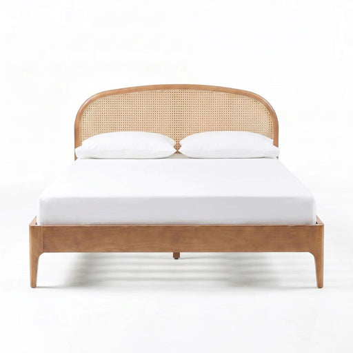 TOV Furniture Mico Rattan Panel Bed with natural wood finish and woven rattan headboard in a modern bedroom setting.