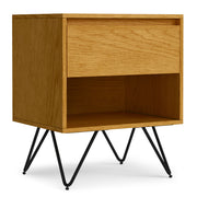 Simpli-Home Hunter accent nightstand with a wooden finish, featuring a single drawer and open shelf for bedroom storage.