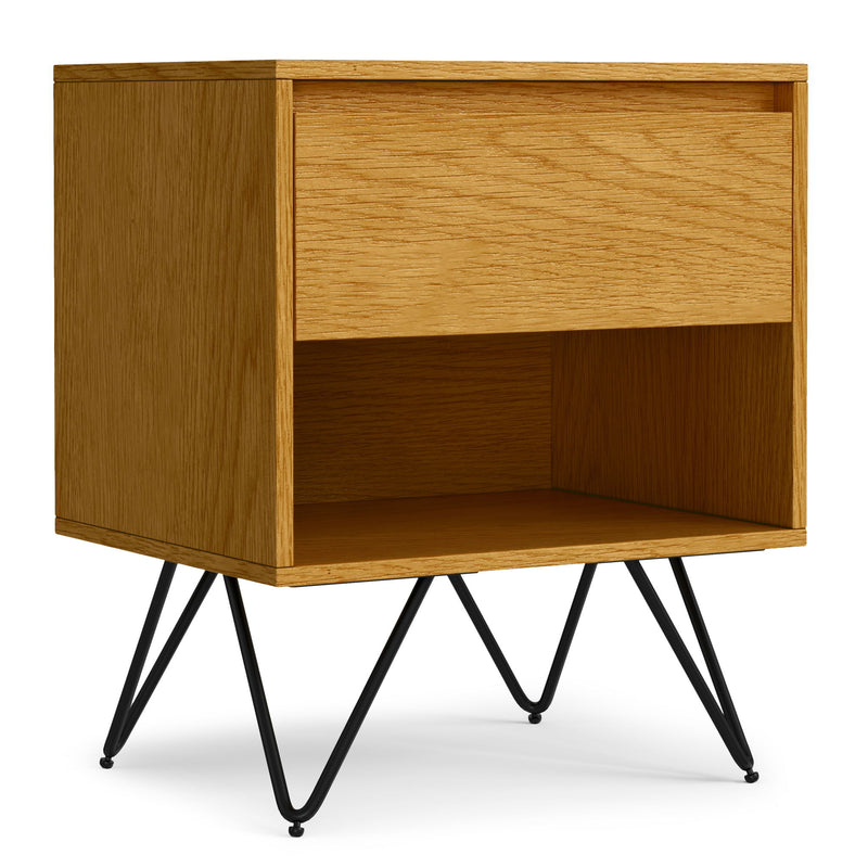 Simpli-Home Hunter accent nightstand with a wooden finish, featuring a single drawer and open shelf for bedroom storage.