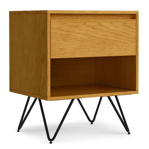 Simpli-Home Hunter accent nightstand with a wooden finish, featuring a single drawer and open shelf for bedroom storage.
