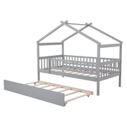 DreamHaus Creativity House Bed with twin-size trundle, featuring a playful house design and sleeping space for kids.