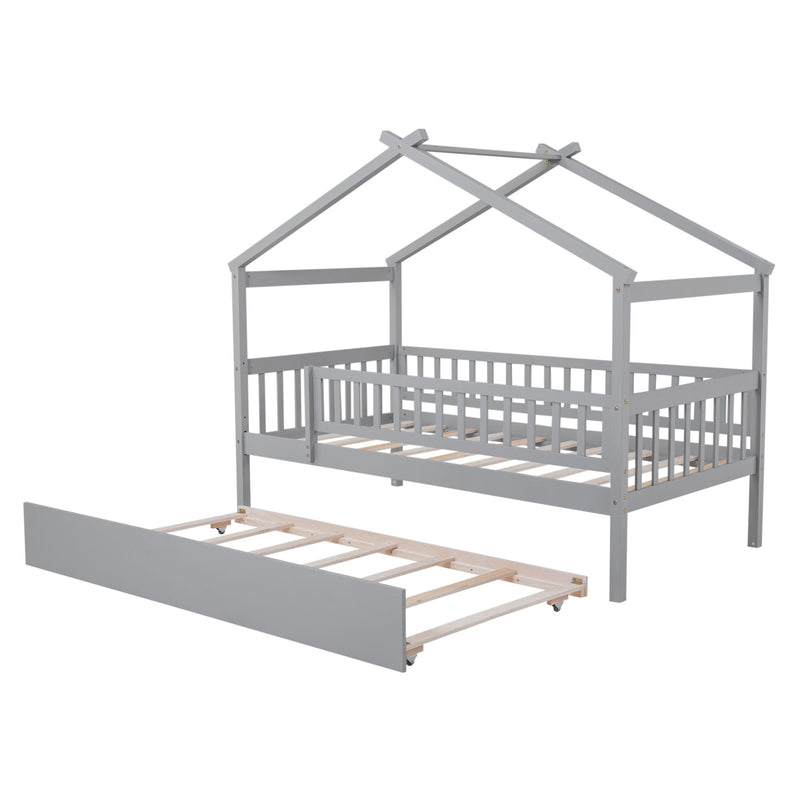DreamHaus Creativity House Bed with twin-size trundle, featuring a playful house design and sleeping space for kids.