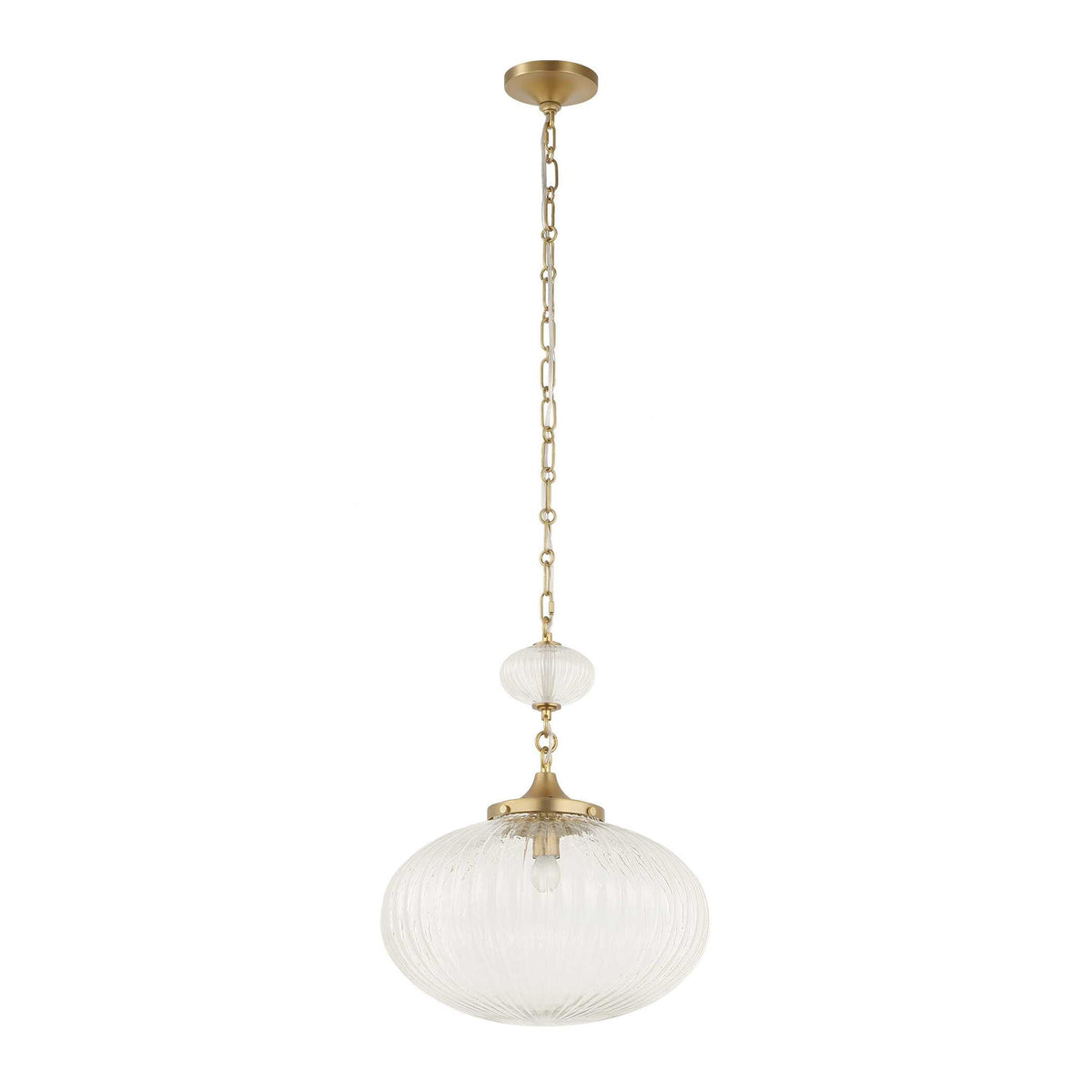 Uttermost Bellaire gold pendant light with a clear glass shade, hanging from a ceiling mount, ideal for modern lighting decor.