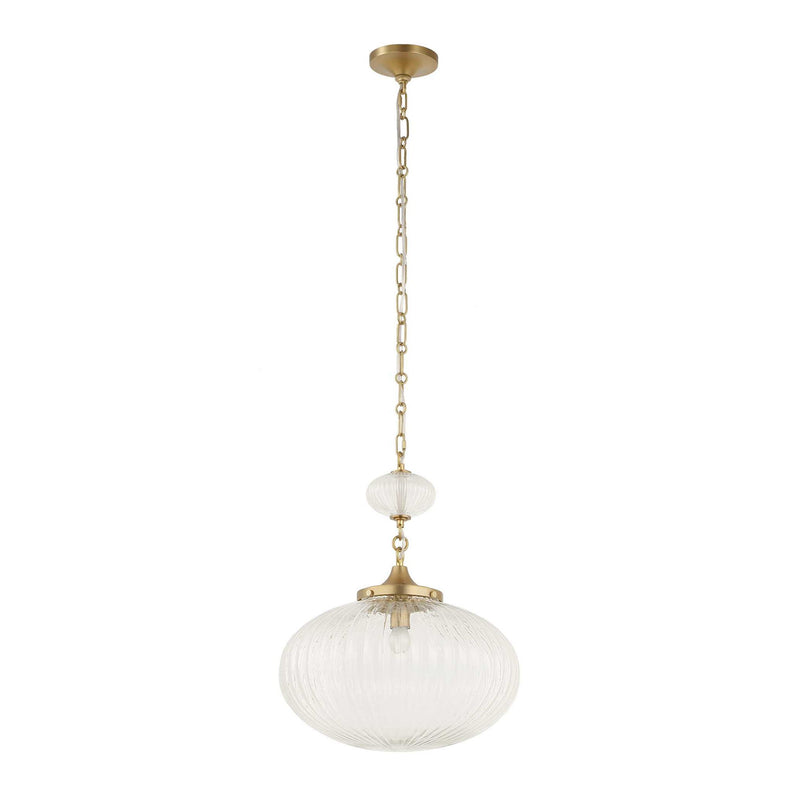 Uttermost Bellaire gold pendant light with a clear glass shade, hanging from a ceiling mount, ideal for modern lighting decor.