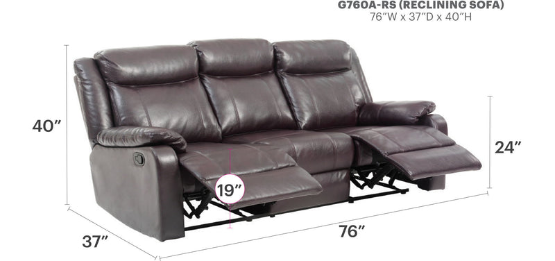 Contemporary three-seater reclining sofa by Glory Furniture with plush cushions and modern design, shown in a living room setting.