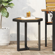 Noble House outdoor side table with iron base and slatted brown top, ideal for patio or garden seating areas.