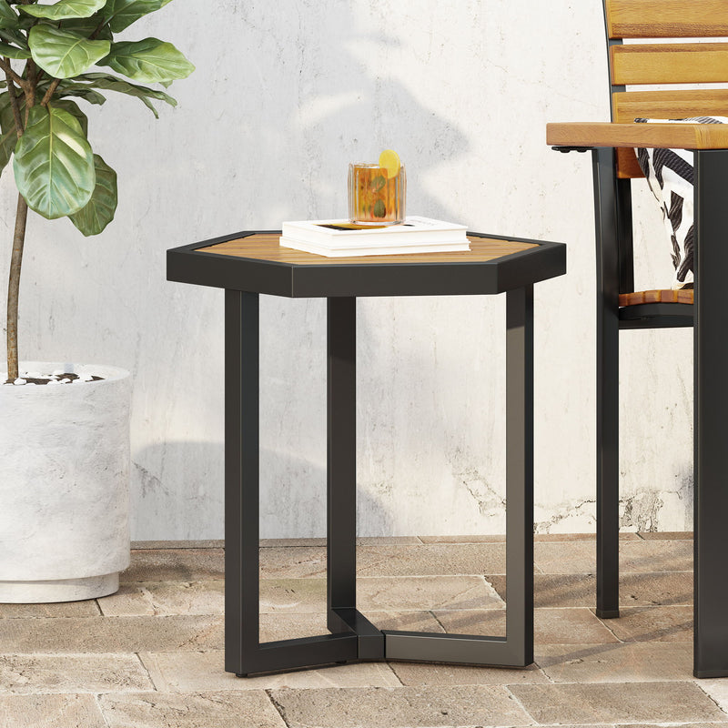 Noble House outdoor side table with iron base and slatted brown top, ideal for patio or garden seating areas.