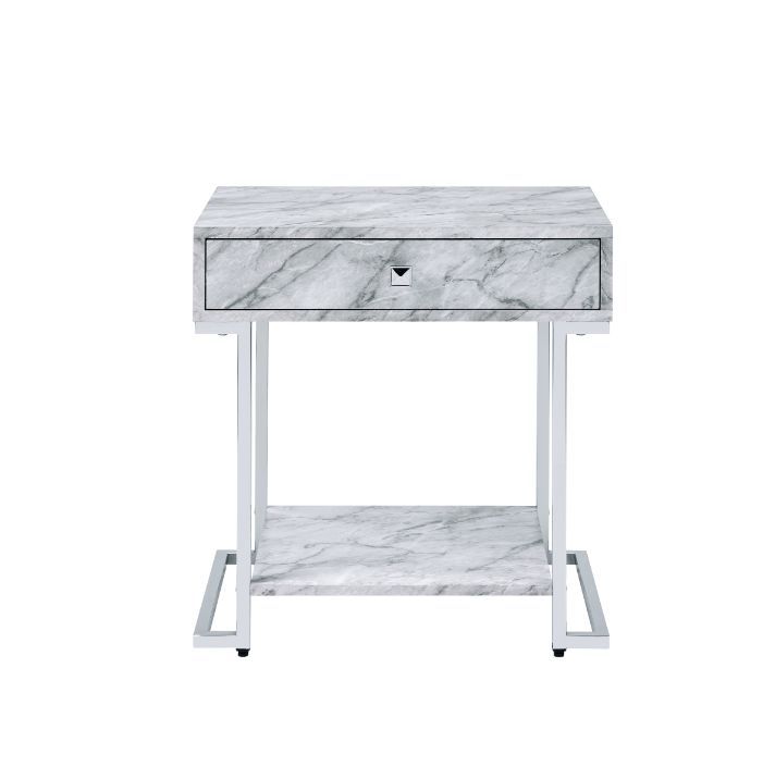 Wither - Accent Table - White Printed Faux Marble & Chrome - R&R Furniture Gallery (Fountain Valley, CA)