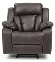 Glory Furniture comfortable rocking motion recliner in soft fabric with padded armrests and a sturdy base.