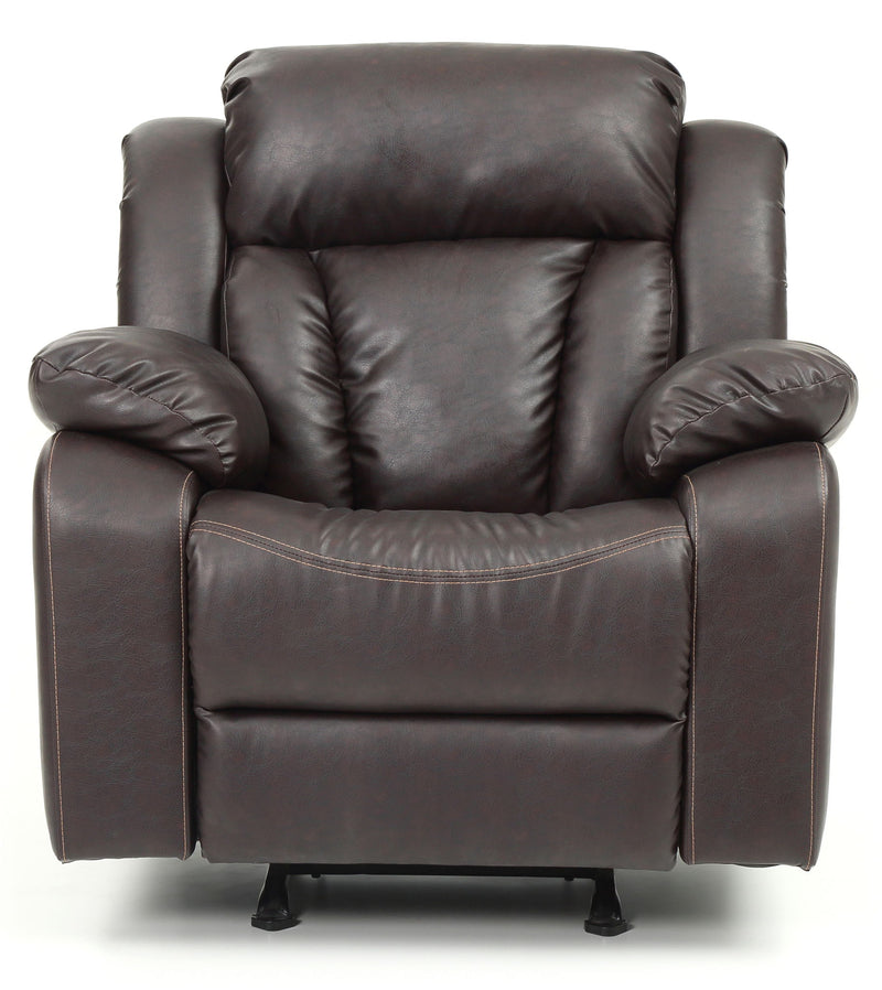 Glory Furniture comfortable rocking motion recliner in soft fabric with padded armrests and a sturdy base.