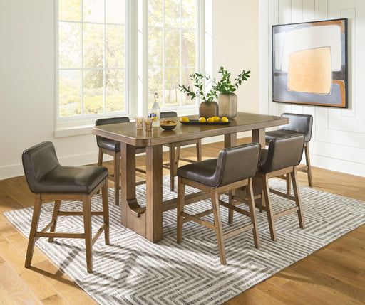 Rectangular 5-piece dining room counter table set by Signature Design by Ashley, featuring a modern dining table with matching chairs.