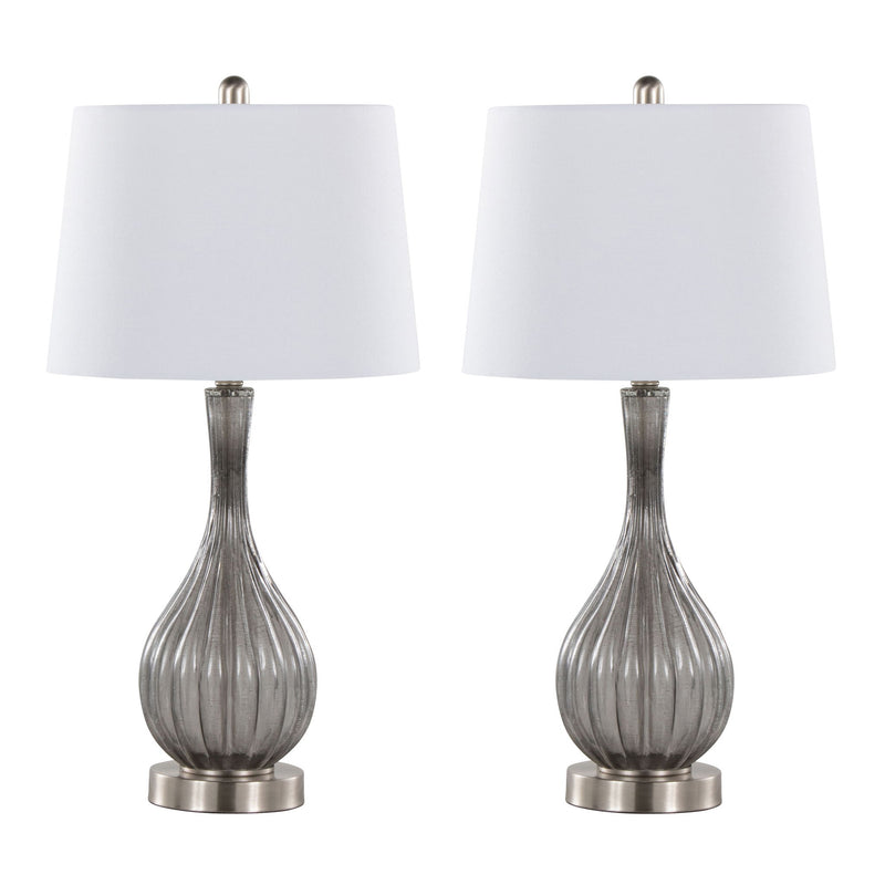 Pair of contemporary Jenny table lamps by Lumi Source, featuring modern design with sleek bases and fabric shades.
