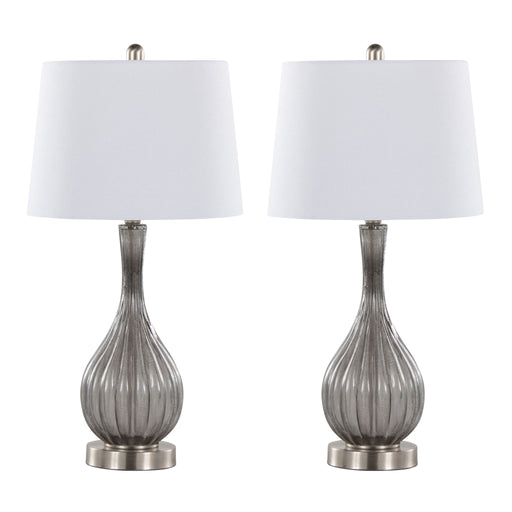Pair of contemporary Jenny table lamps by Lumi Source, featuring modern design with sleek bases and fabric shades.