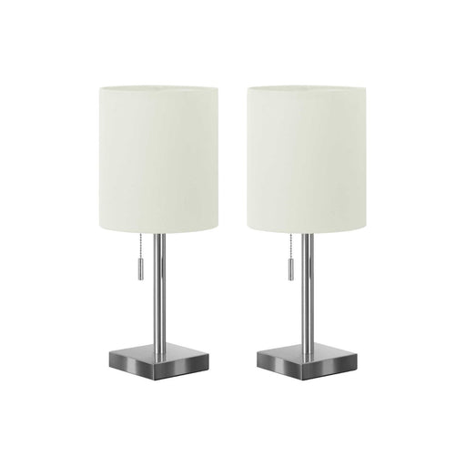 Set of two 8th Street nickel contemporary table lamps with USB ports, featuring sleek modern design and fabric shades.