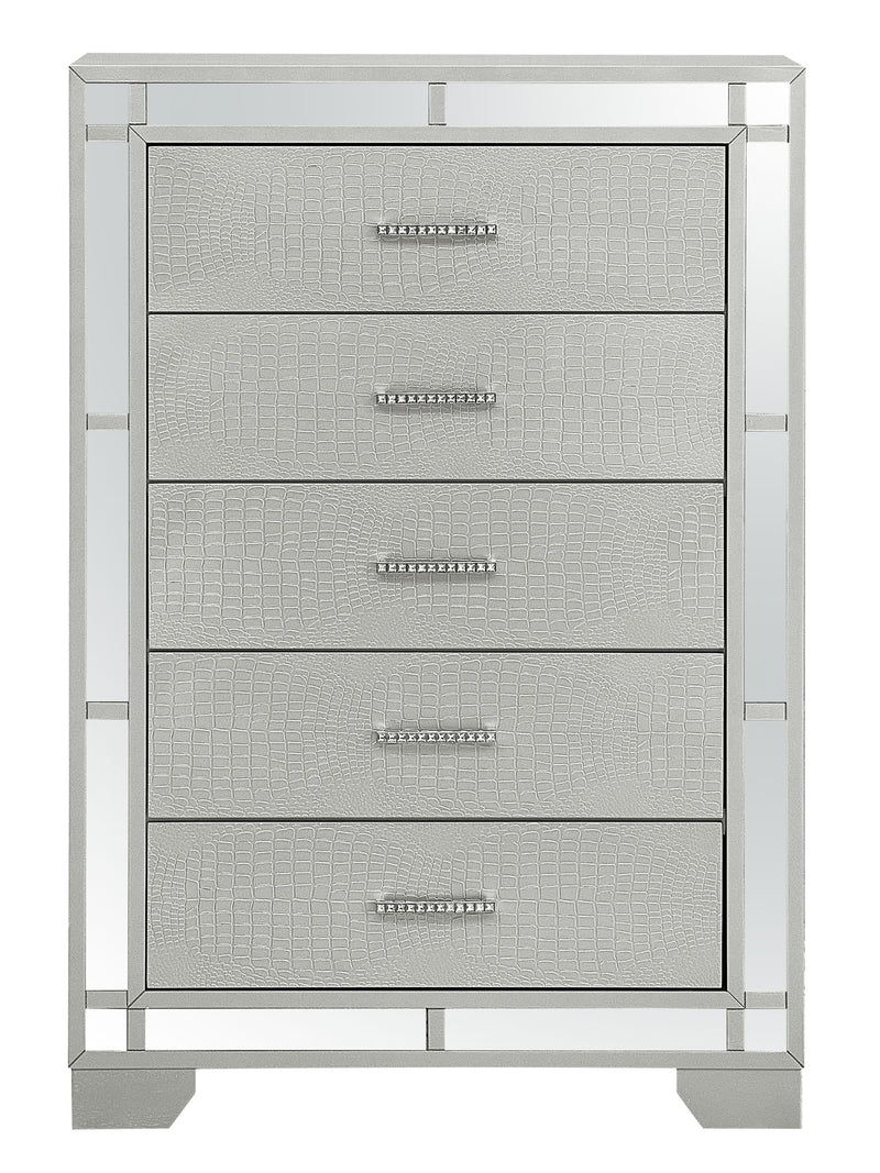 Silver Champagne Madison accent chest by Glory Furniture with sleek design and elegant finish, featuring multiple storage drawers.