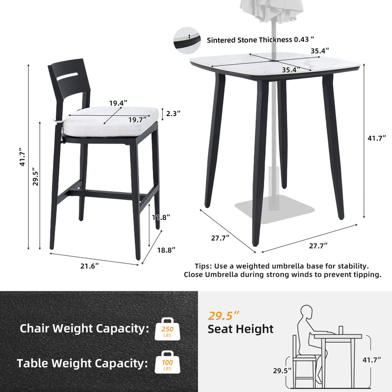 Modern Outdoor Patio Bar Set, Rounded Square Table & Bar Chairs, Non Rust Frame, Tapered Legs, Sunbrella Cushion - R&R Furniture Gallery (Fountain Valley, CA)