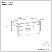 Simpli-Home Cosmopolitan multipurpose coffee table with a sleek wooden top and sturdy legs, ideal for living room use.