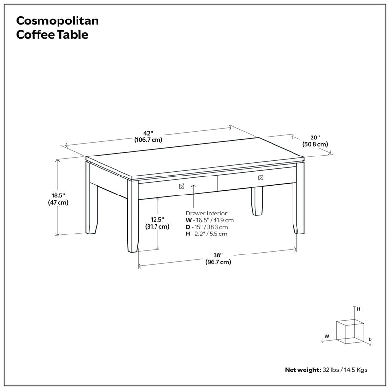 Simpli-Home Cosmopolitan multipurpose coffee table with a sleek wooden top and sturdy legs, ideal for living room use.