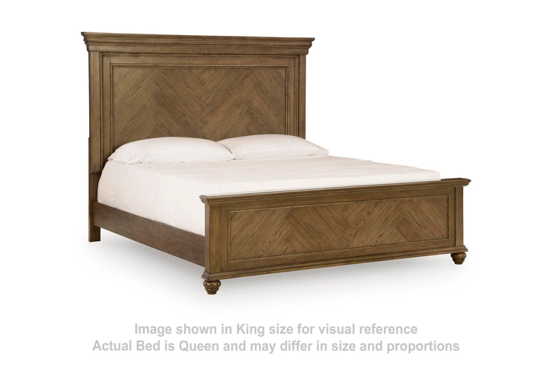 Signature Design by Ashley Karallin panel bed with a wooden frame and headboard, shown in a modern bedroom setting.