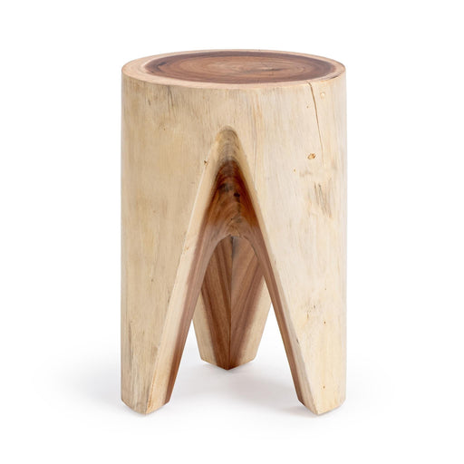 Classic Home Vela accent table with a sleek round wooden top and metal legs, ideal for modern living spaces.