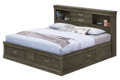 Traditional style Glory Furniture storage bed with built-in bookcase and drawers, featuring classic wooden design and ample storage space.