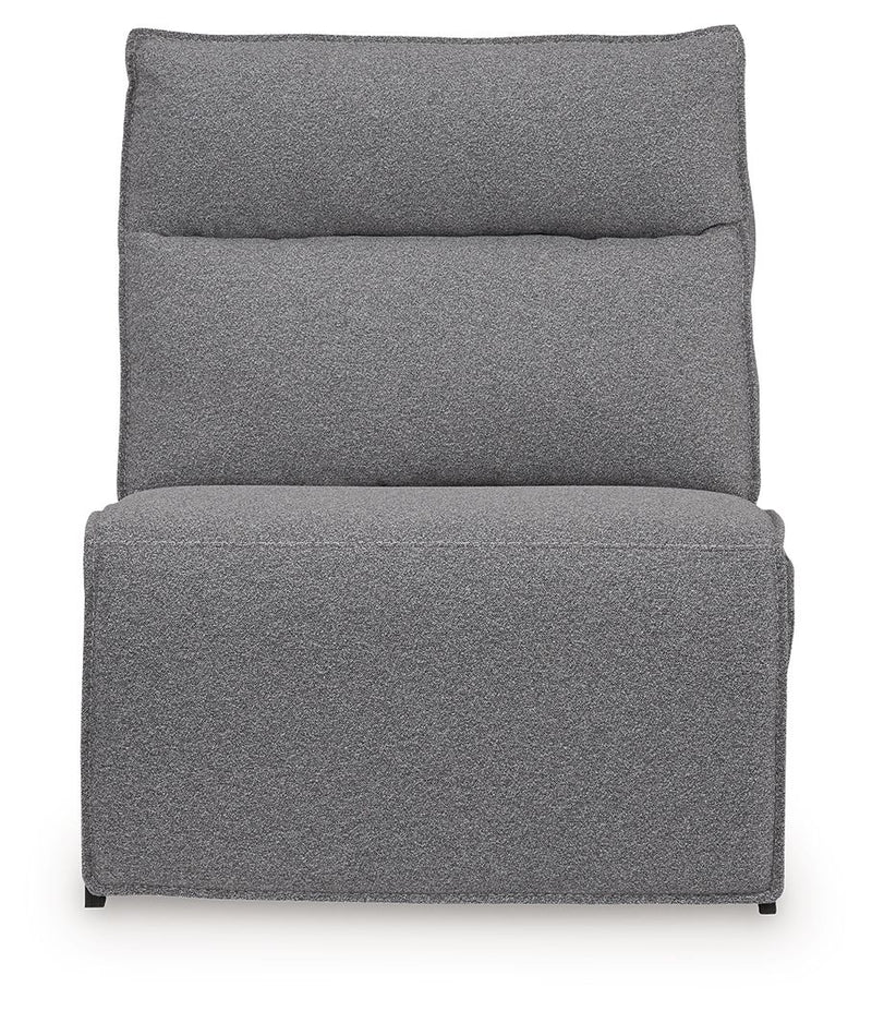 Signature Design by Ashley Modmax II reclining sectional in salt and pepper fabric, featuring plush cushions and a modern design.