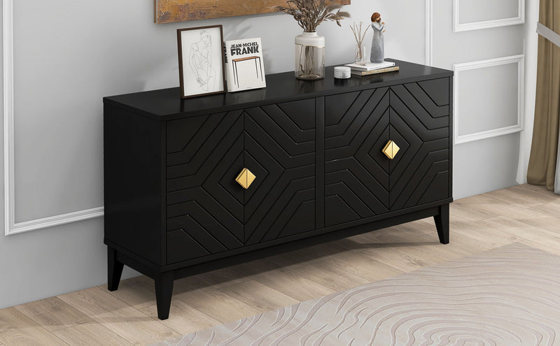 4 Door Sideboard Storage Cabinet For Living Room And Dining Room, 2 Large Cabinets With Gold Handles And Adjustable Shelf - Black - R&R Furniture Gallery (Fountain Valley, CA)