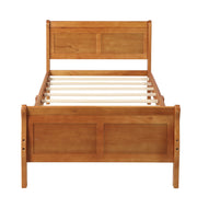 DreamHaus platform bed frame with wooden slat support, sleigh headboard and footboard, designed for mattress foundation and stability.