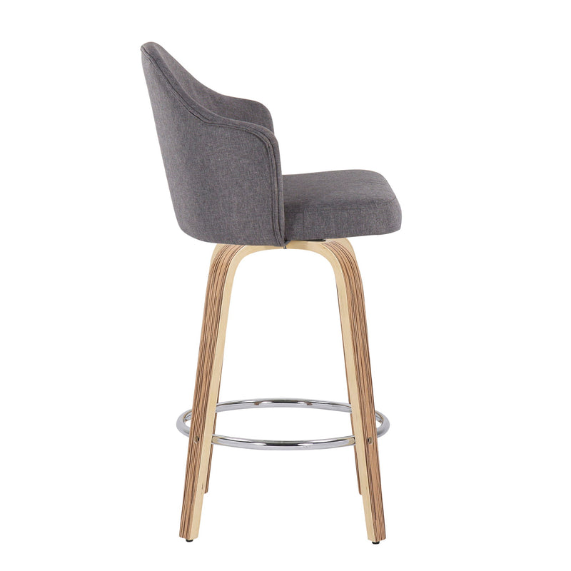 Set of two Lumi Source Ahoy gray mid-century modern counter stools with zebra legs and round chrome footrests.