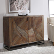 Dark brown reclaimed wood accent cabinet with two doors by Uttermost, showcasing a rustic, textured finish and modern design.