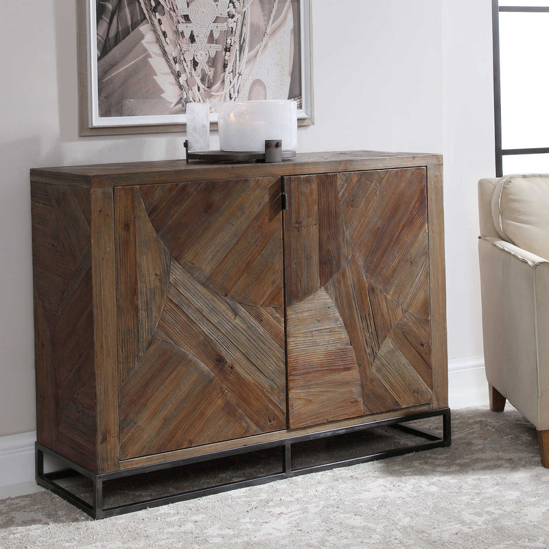 Dark brown reclaimed wood accent cabinet with two doors by Uttermost, showcasing a rustic, textured finish and modern design.