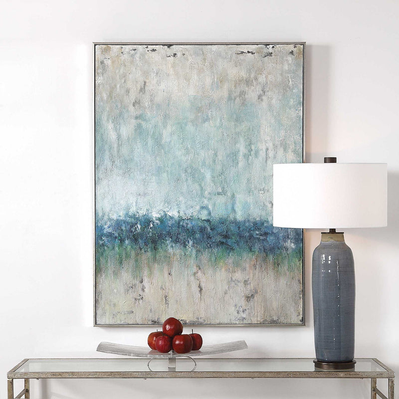 Uttermost Tidal Wave abstract canvas art featuring blue wave patterns on a textured surface, modern wall decor.