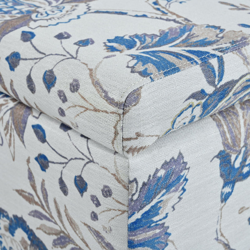 Luxury Storage Ottoman With Floral Patterned Fabric, Soft Close Hinges, Functional Footrest & Seat - Blue Flower / Blue Multi - R&R Furniture Gallery (Fountain Valley, CA)