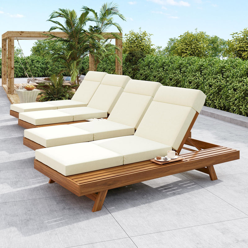 Acacia Wood Lounge Chaise Set With Headrest And Water Resistant Cushions - Beige - R&R Furniture Gallery (Fountain Valley, CA)