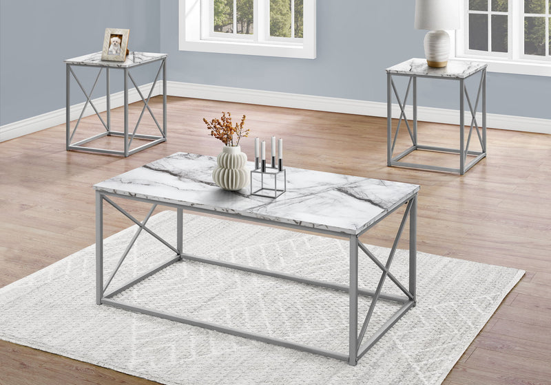 Table Set, Coffee, End, Side, Accent, Living Room, Marble Look Laminate, Contemporary & Modern (Set of 3) - R&R Furniture Gallery (Fountain Valley, CA)