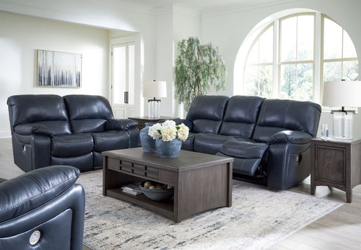 Signature Design by Ashley Leesworth 3-piece living room set with power reclining sofa, loveseat, and rocker recliner in ocean color.